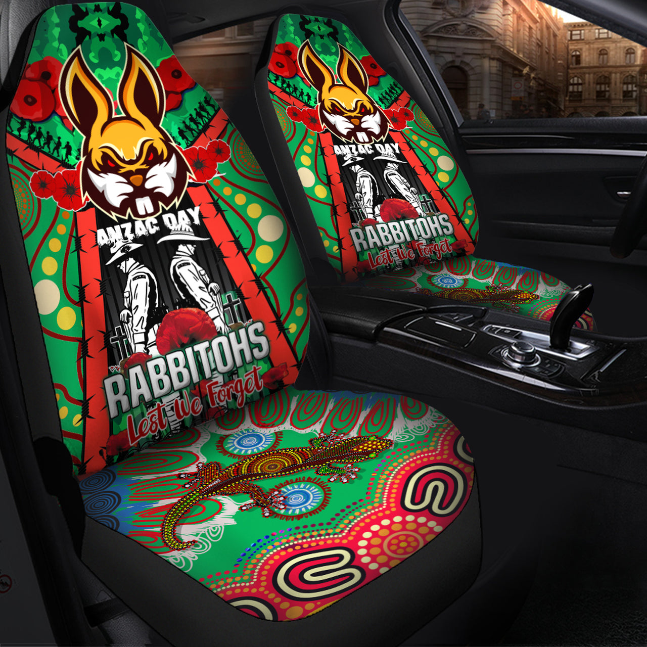 rabbitohs-rugby-aboriginal-anzac-day-custom-watercolour-car-seat-cover-remembrance-indigenous-rabbitohs-with-poppy-flower