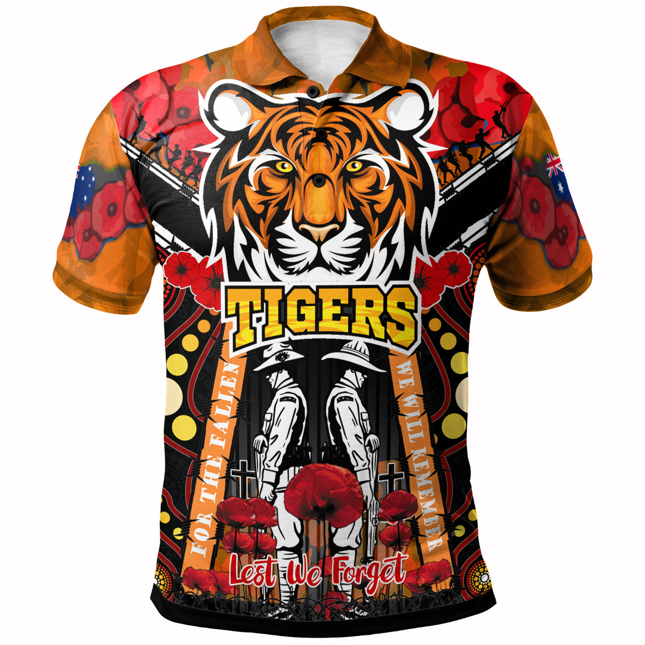 tigers-rugby-anzac-day-watercolour-polo-shirt-custom-remembrance-west-tigers-with-poppy-flower