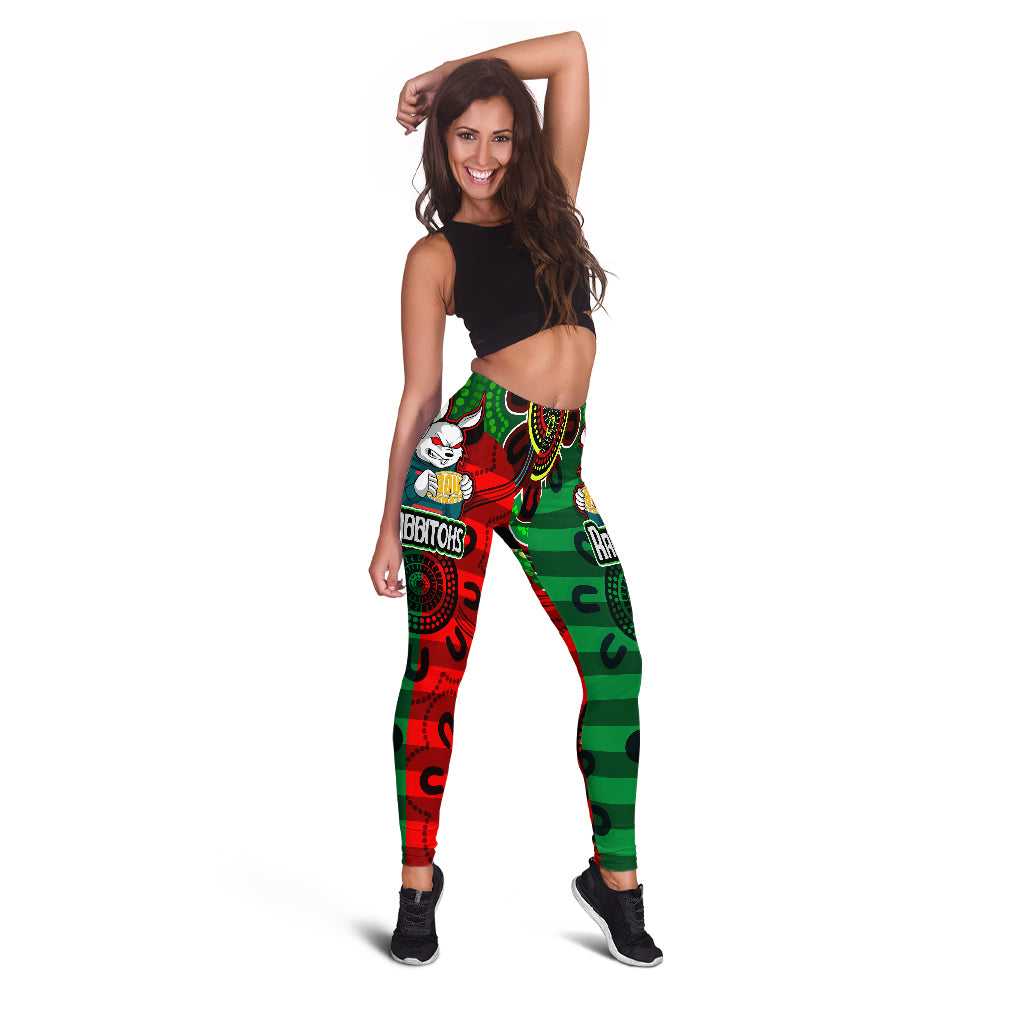 rabbitohs-rugby-leggings-rabbitohs-with-rugby-ball-aboriginal-style-of-dot-painting-patterns-leggings