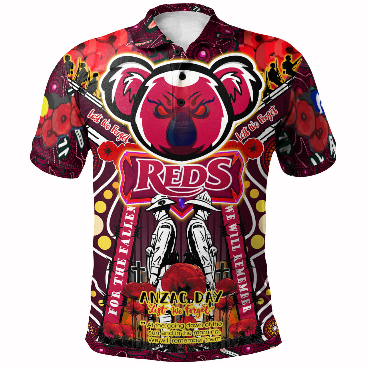 reds-rugby-anzac-aboriginal-custom-watercolour-polo-shirt-remembrance-queensland-reds-with-koala-and-poppy-flower