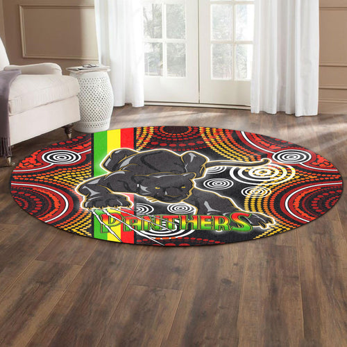 panthers-rugby-round-rug-black-panther-with-aboriginal-contemporary-dot-painting-pattern-round-rug