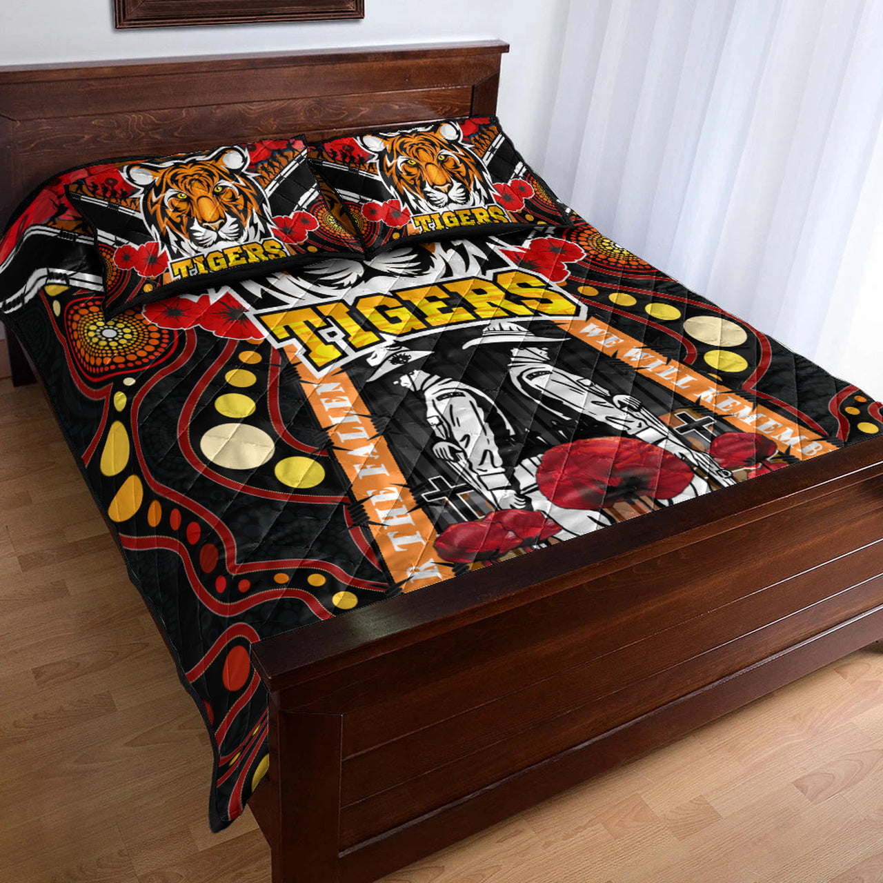tigers-rugby-anzac-day-watercolour-quilt-bed-set-custom-remembrance-west-tigers-with-poppy-flower