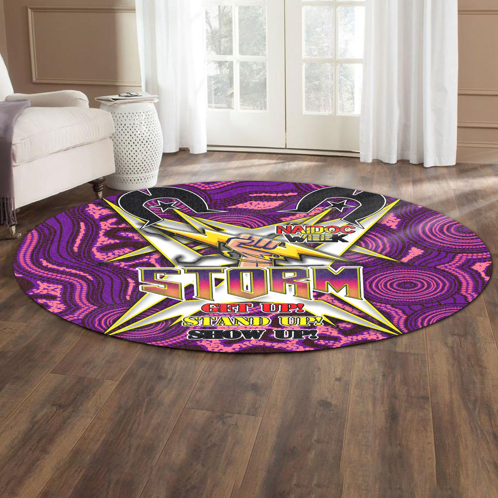 storm-rugby-round-rug-naidoc-week-storm-hand-thunder-with-aboriginal-pattern-get-up-stand-up-show-up-round-rug