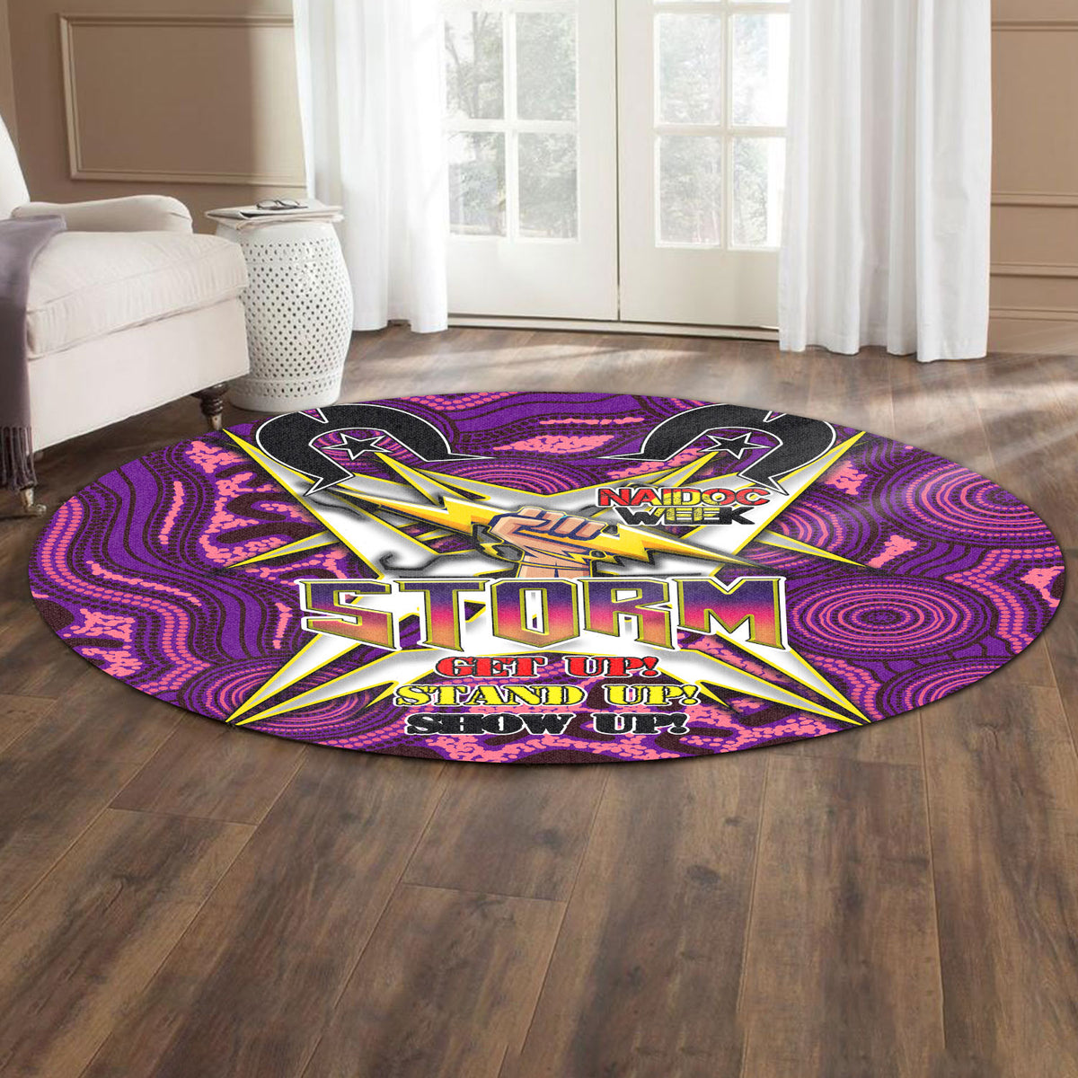 storm-rugby-round-rug-naidoc-week-storm-hand-thunder-with-aboriginal-pattern-get-up-stand-up-show-up-round-rug