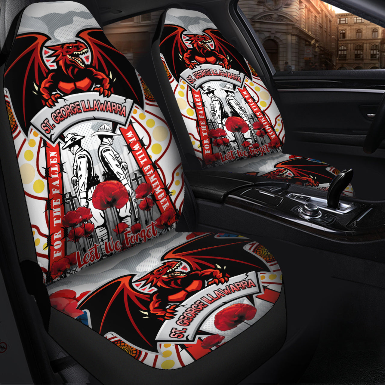st-george-rugby-anzac-day-watercolour-custom-car-seat-cover-remembrance-dragons-with-poppy-flower