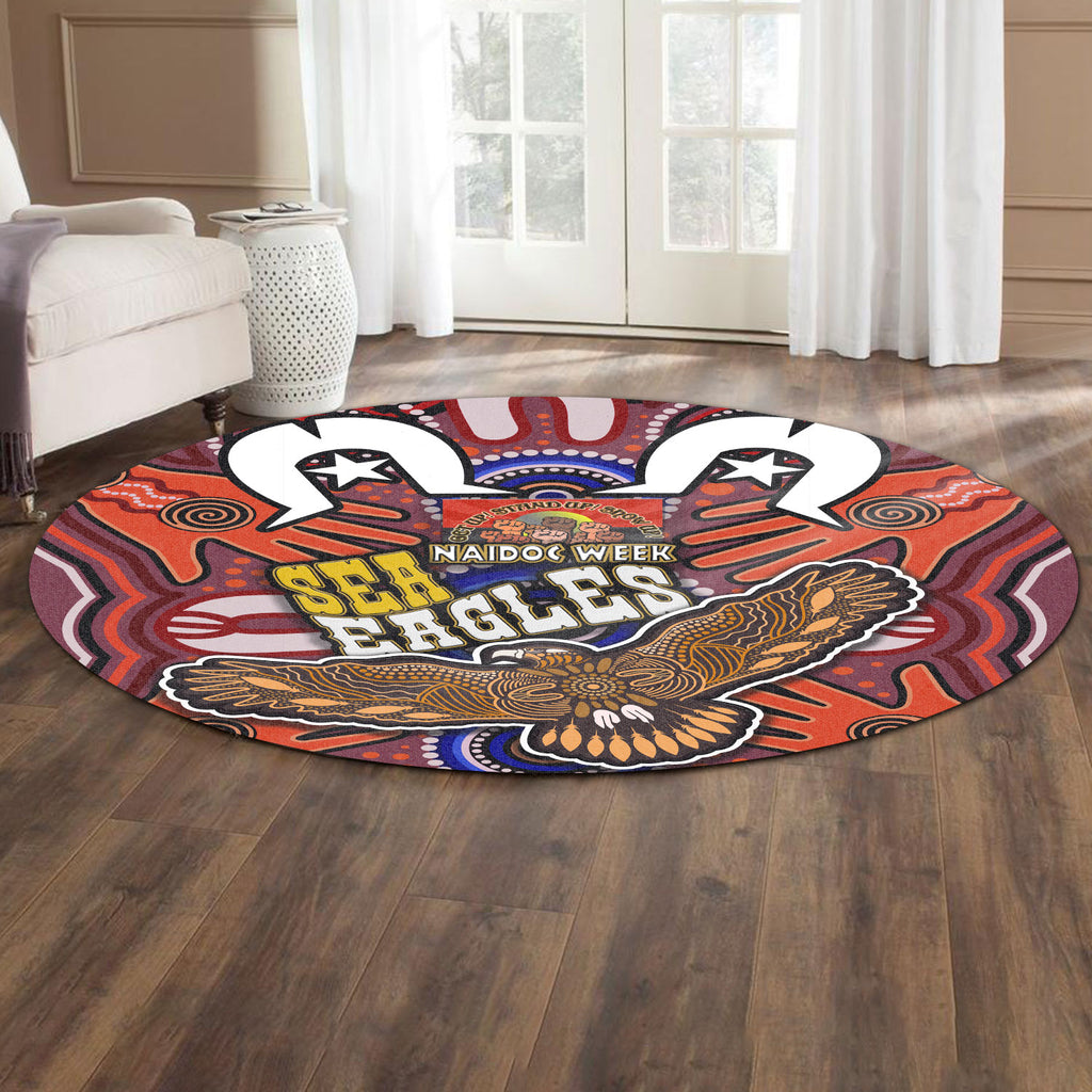 sea-eagles-rugby-round-rug-naidoc-week-eagle-aboriginal-dot-artwork-get-up-stand-up-show-up-aboriginal-culture-round-rug