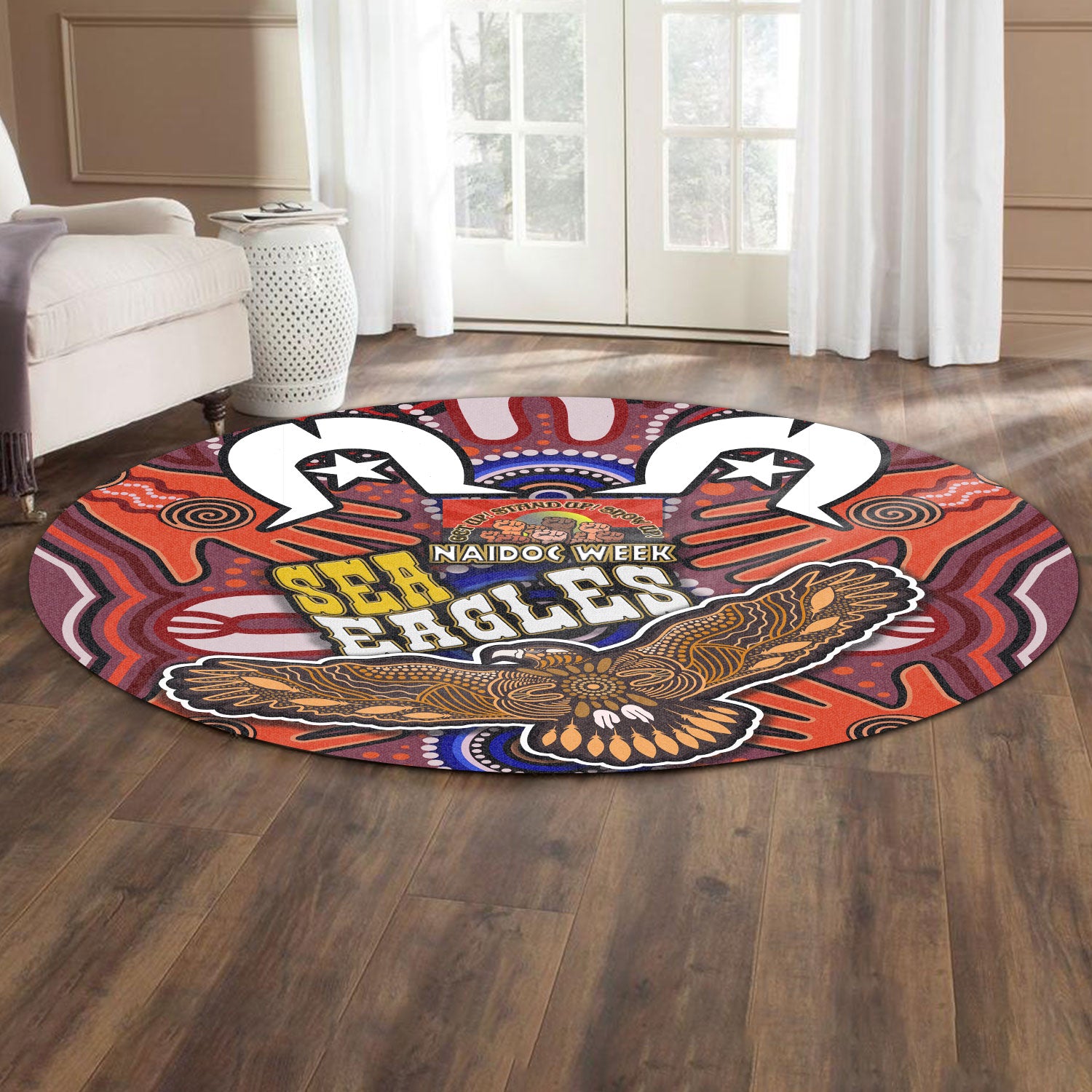 sea-eagles-rugby-round-rug-naidoc-week-eagle-aboriginal-dot-artwork-get-up-stand-up-show-up-aboriginal-culture-round-rug