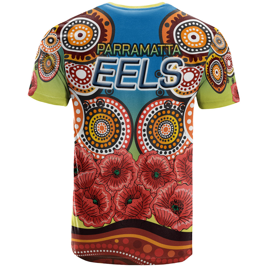 eels-rugby-aboriginal-t-shirt-anzac-day-let-we-forgot-poppy-flower-patterns-t-shirt