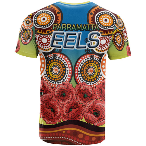 eels-rugby-aboriginal-t-shirt-anzac-day-let-we-forgot-poppy-flower-patterns-t-shirt