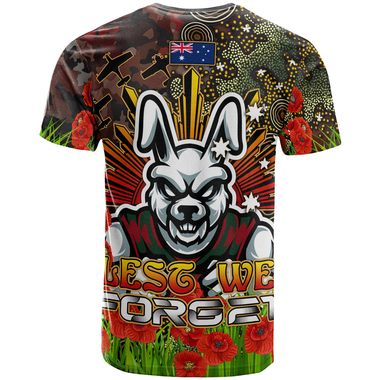 rabbitohs-rugby-t-shirt-anzac-souths-with-remembrance-poppy-and-indigenous-patterns-t-shirt