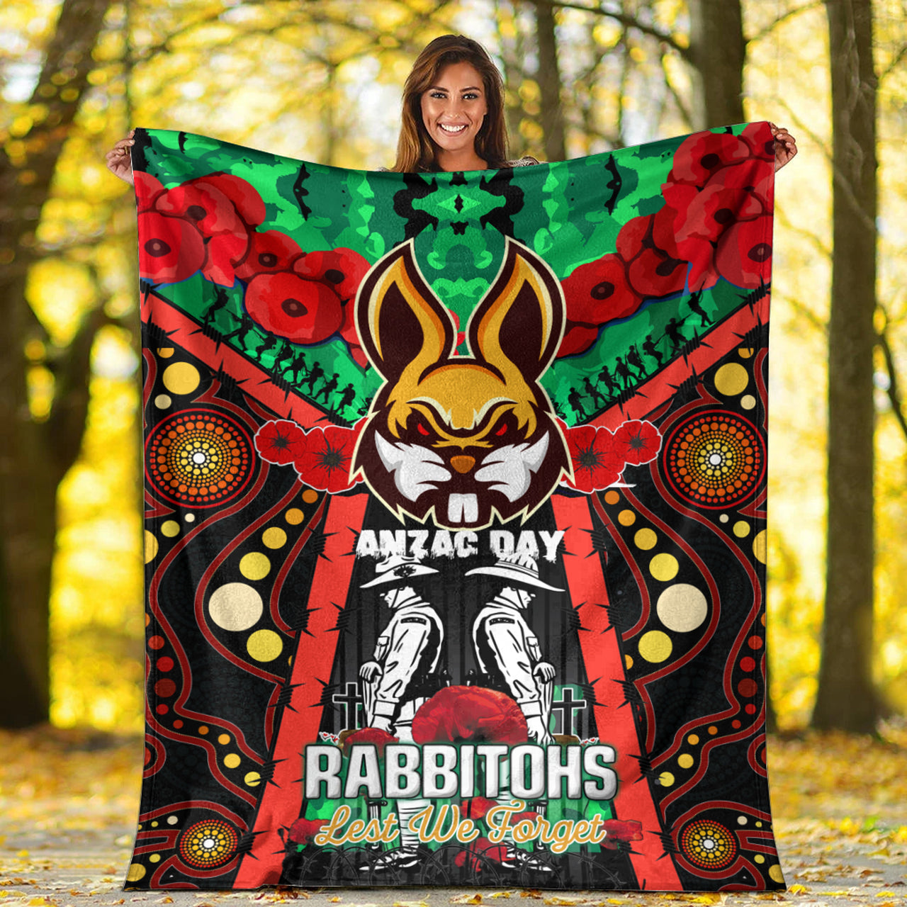 rabbitohs-rugby-aboriginal-anzac-day-custom-watercolour-blanket-remembrance-indigenous-rabbitohs-with-poppy-flower