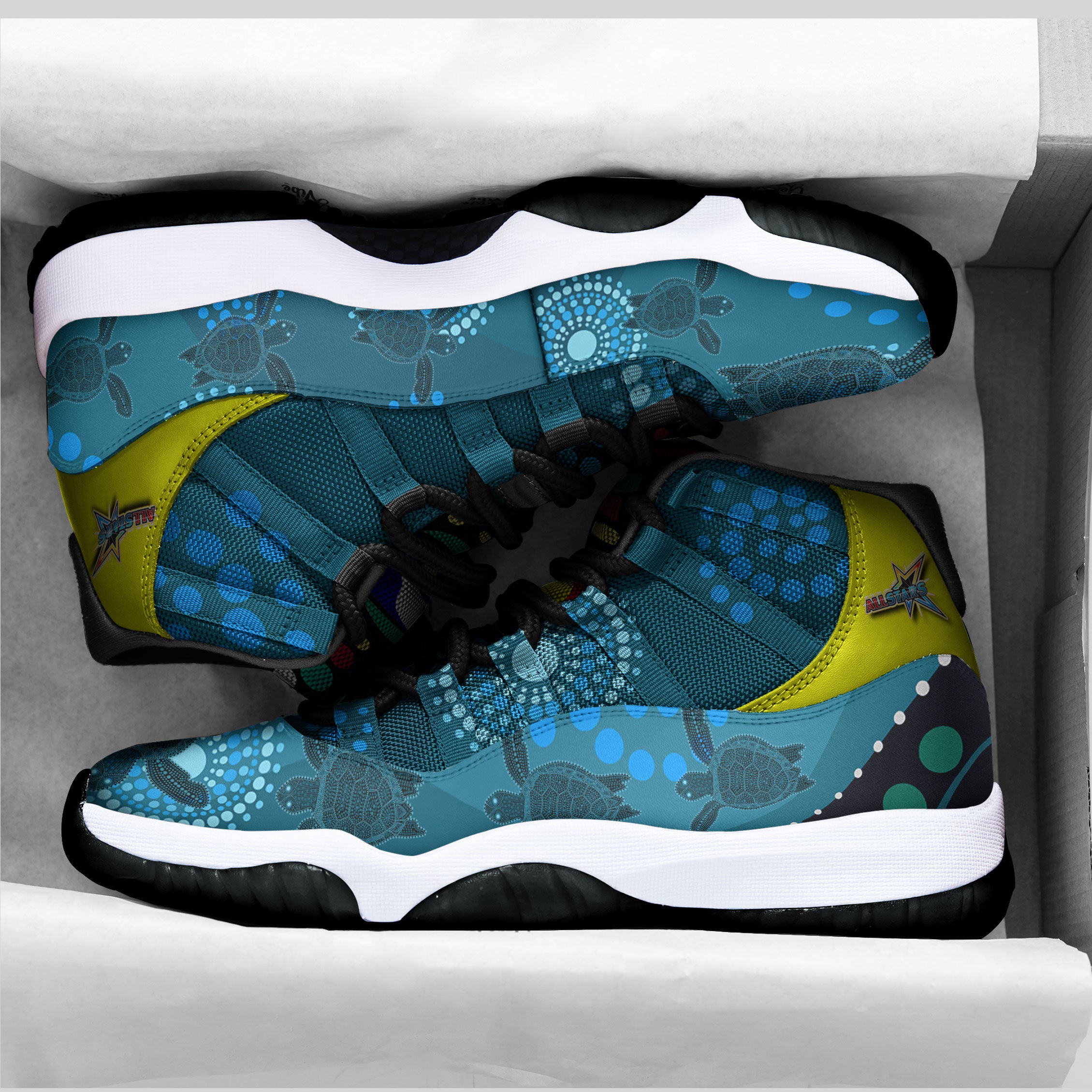 indigenous-all-stars-rugby-high-top-basketball-shoes-j11-custom-dreamtime-turtle-with-aboriginal-dot-painting-art-sneakers-j11