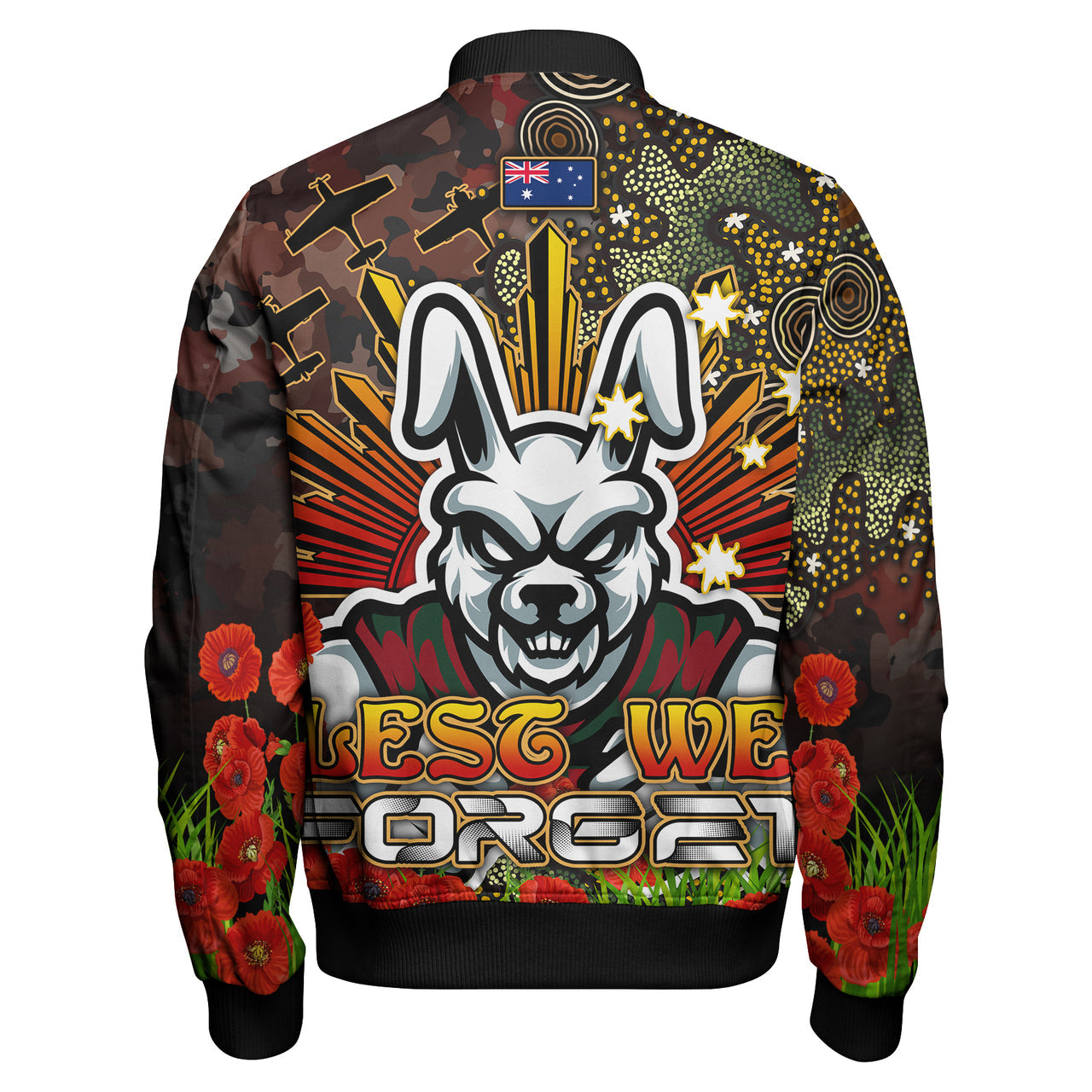 rabbitohs-rugby-bomber-jacket-anzac-souths-with-remembrance-poppy-and-indigenous-patterns-bomber-jacket