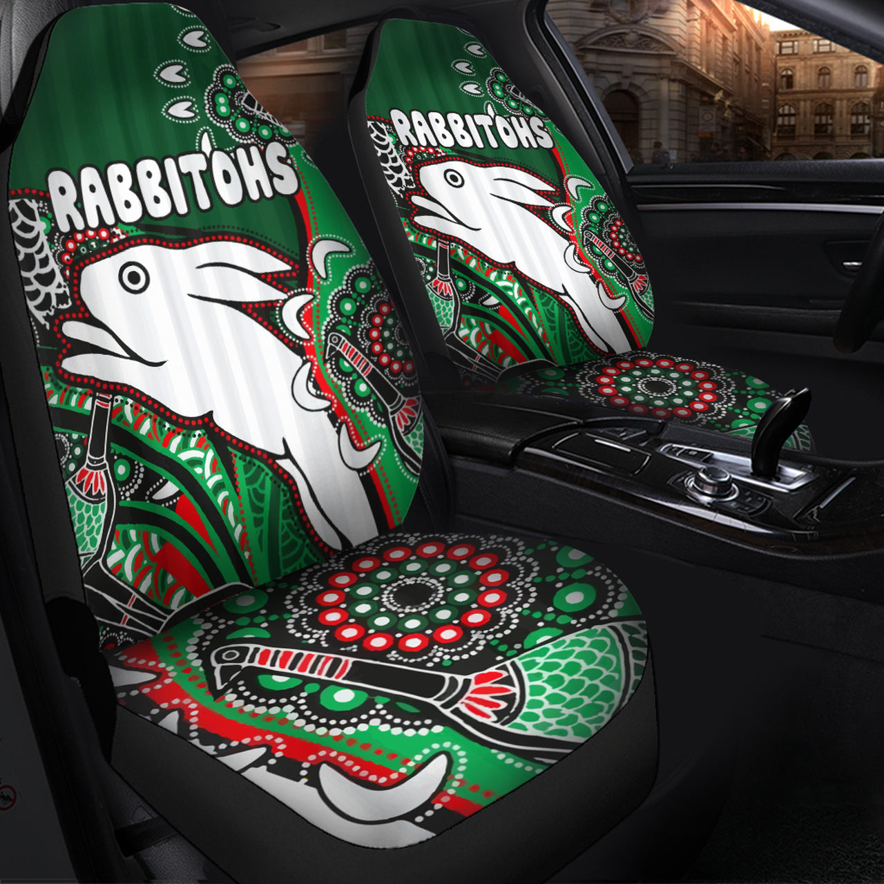south-sydney-rabbitohs-rugby-custom-car-seat-cover-indigenous-dreaming-rabbitohs