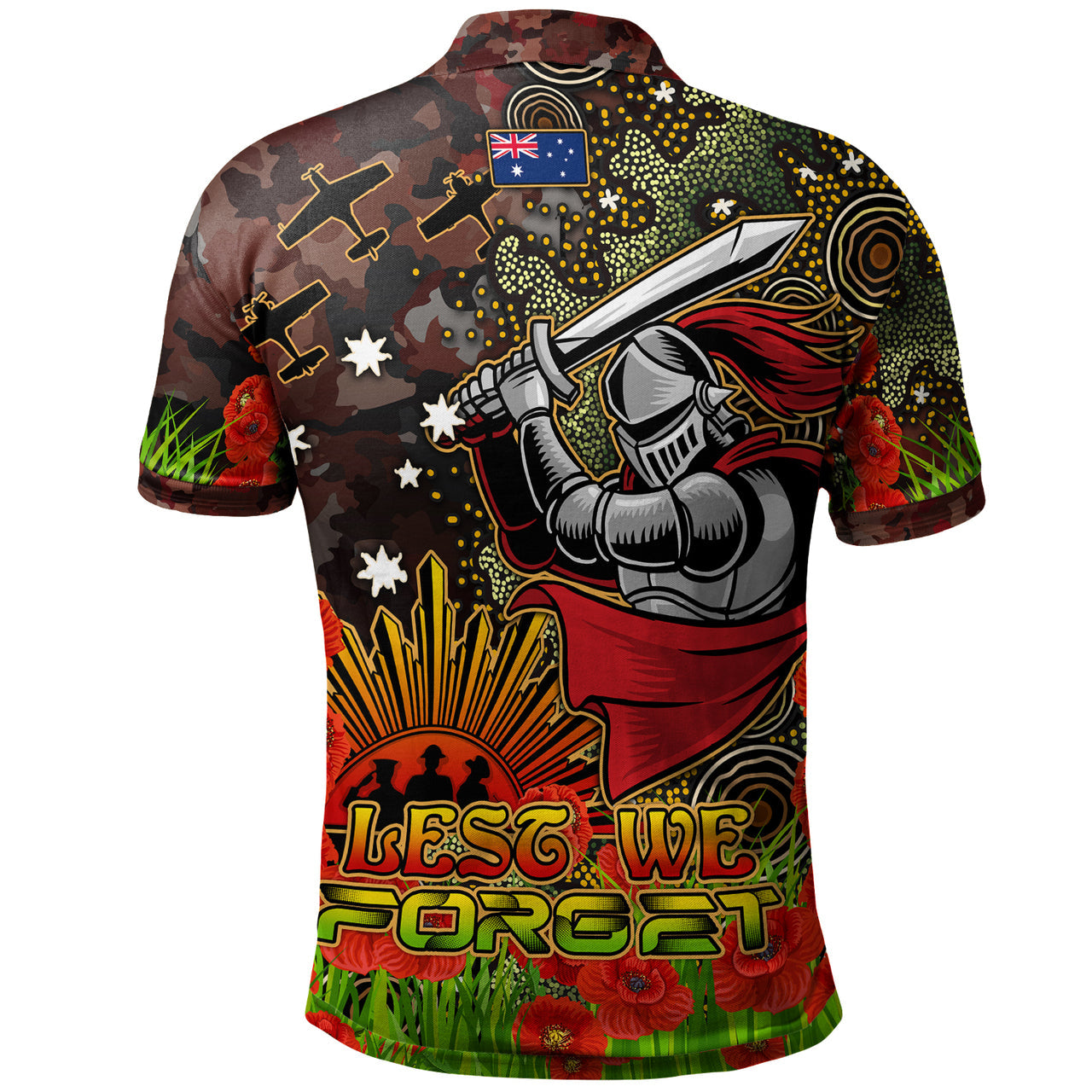 knights-rugby-polo-shirt-custom-anzac-kinghts-with-remembrance-poppy-and-indigenous-patterns-polo-shirt