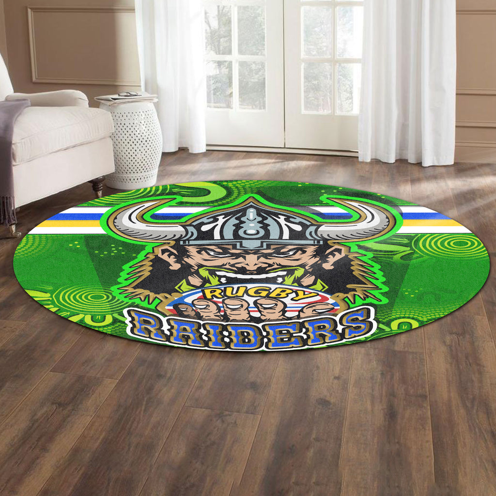 raiders-rugby-round-rug-raiders-holding-ball-in-hand-with-dot-art-aboriginal-background-round-rug