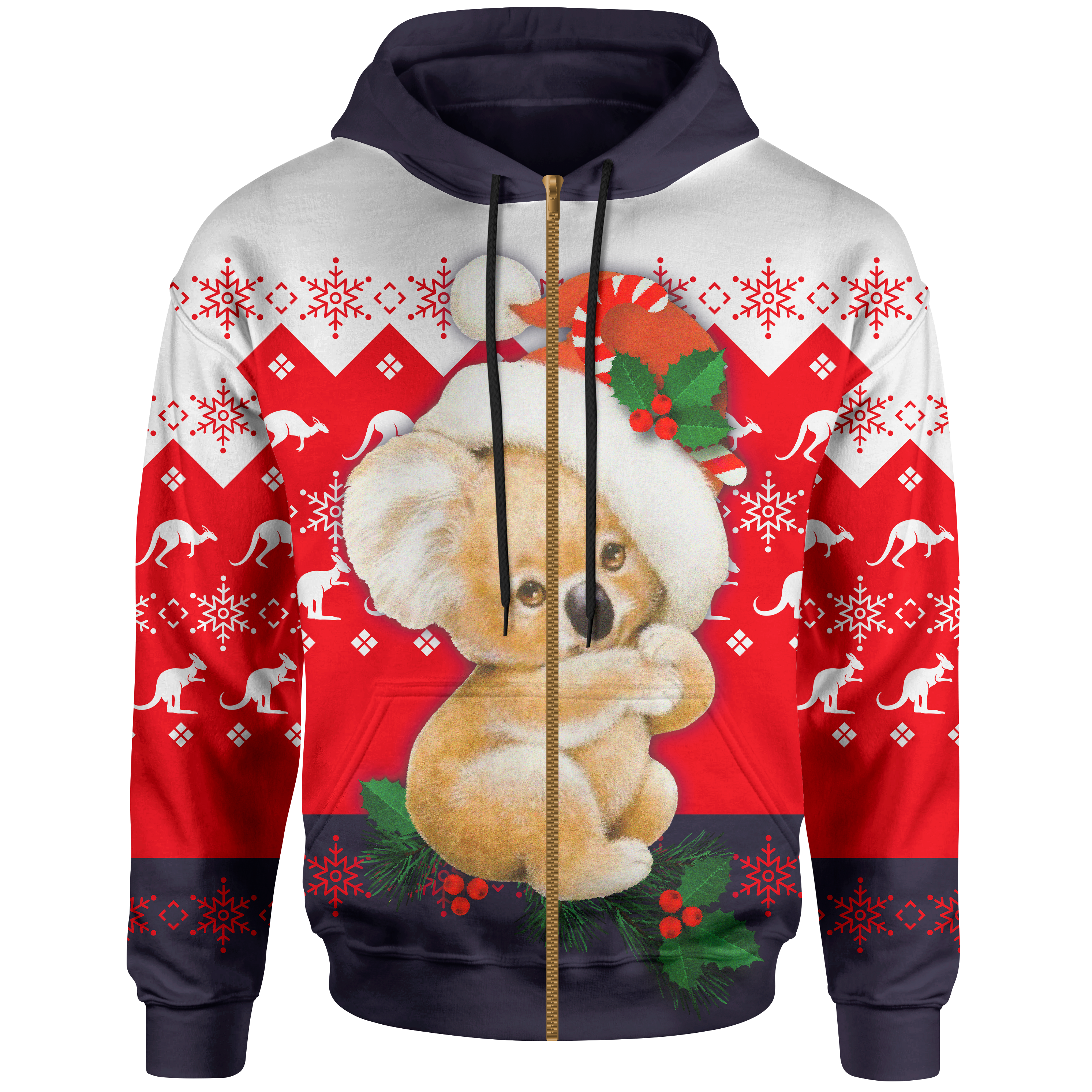 christmas-zip-up-hoodie-koala-hoodie-kangaroo-symbol-snowflakes-unisex