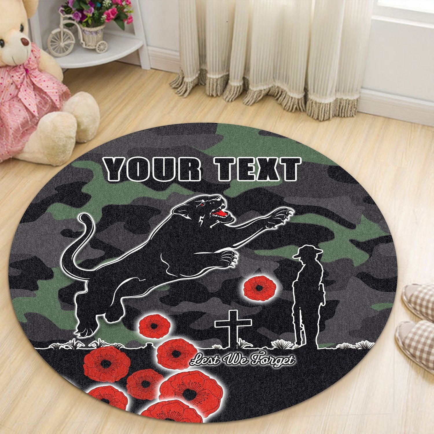 custom-personalised-panthers-anzac-day-round-carpet-simple-poppy