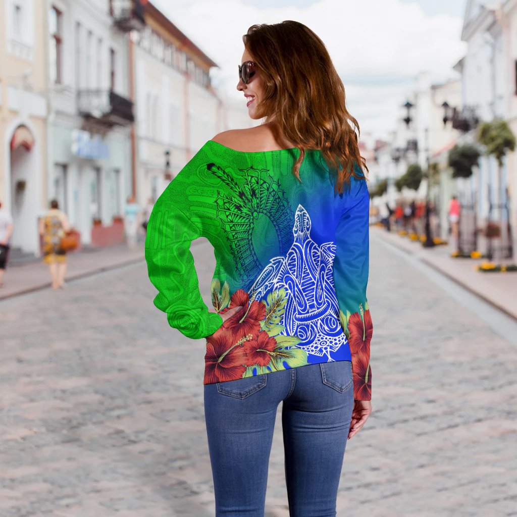 Torres Strait Islanders Off Shoulder Sweater - Ocean Hibiscus - Vibe Hoodie