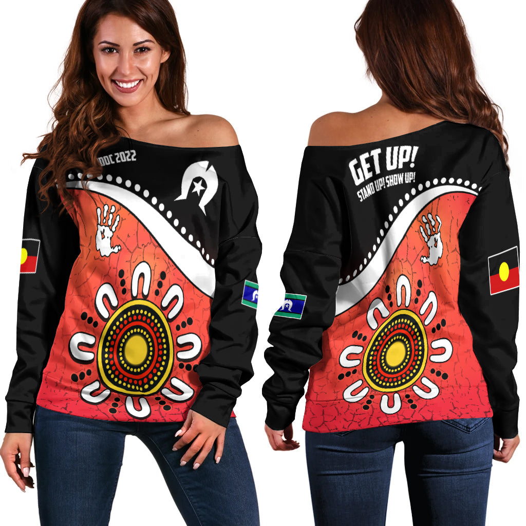 NAIDOC Week 2022 Women Off Shoulder Sweater Torres Strait Islander Version Red Aboriginal The Dhari LT13