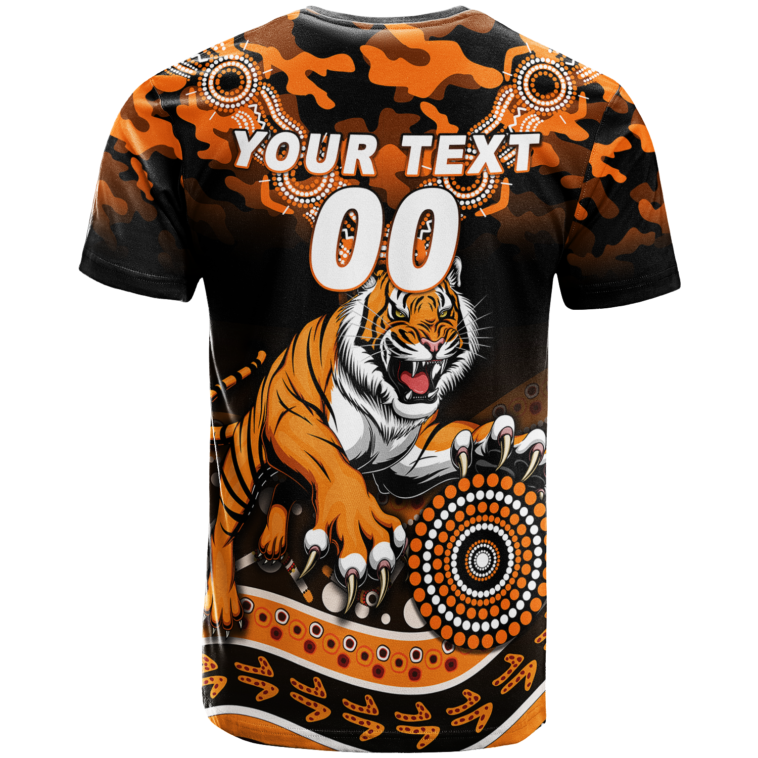(Custom Personalised) Tigers Rugby ANZAC Day Camouflage Indigenous Art T-Shirt - LT12