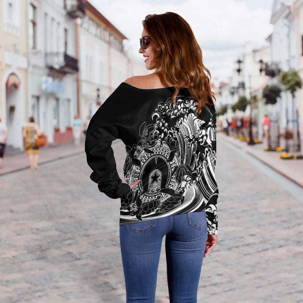 [Custom]Aboriginal Women's Off Shoulder Sweater, Torres Strait Islands in Wave (Black) - Vibe Hoodie