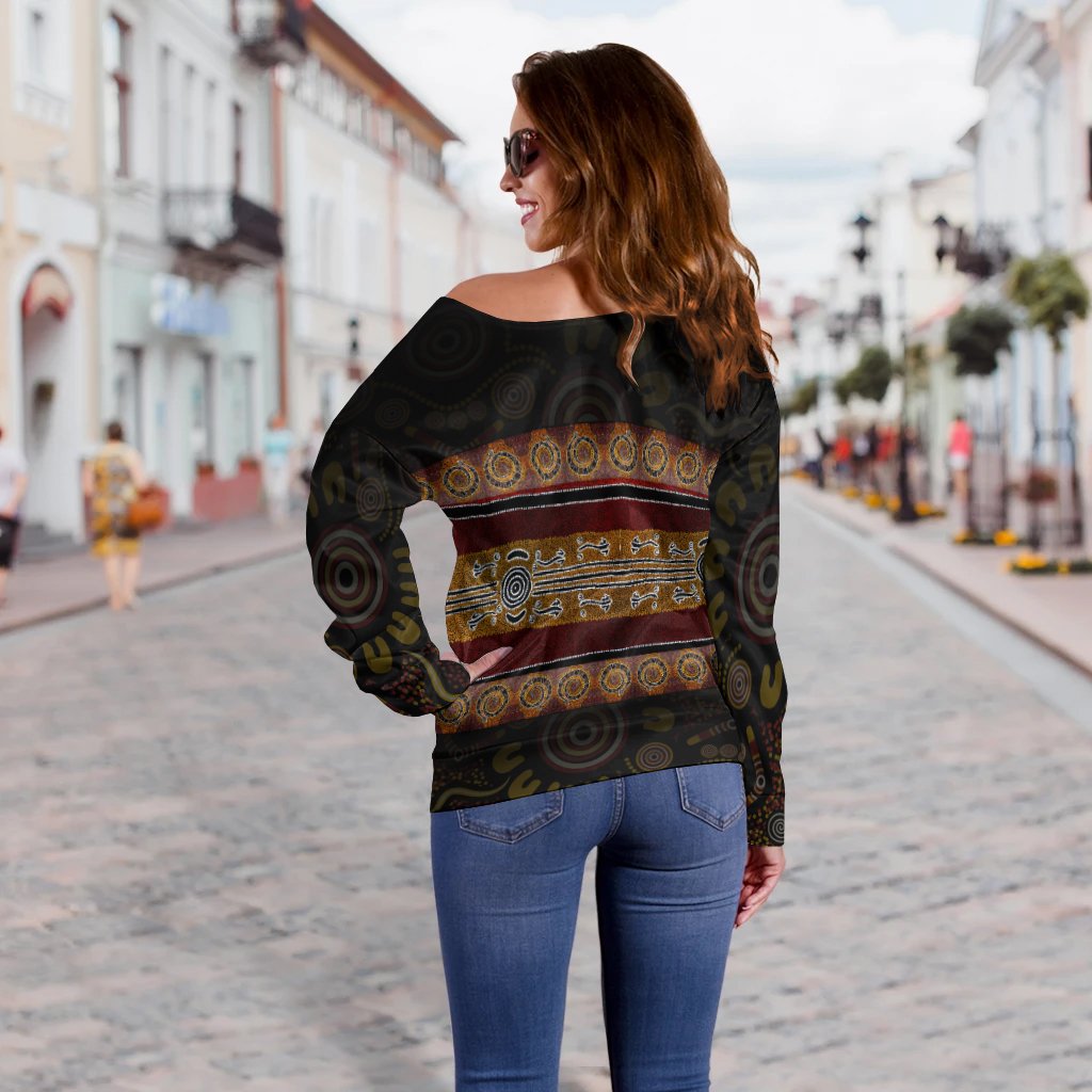 Off Shoulder -  Aboriginal Dot Panting Art Horizontal Lines - Vibe Hoodie