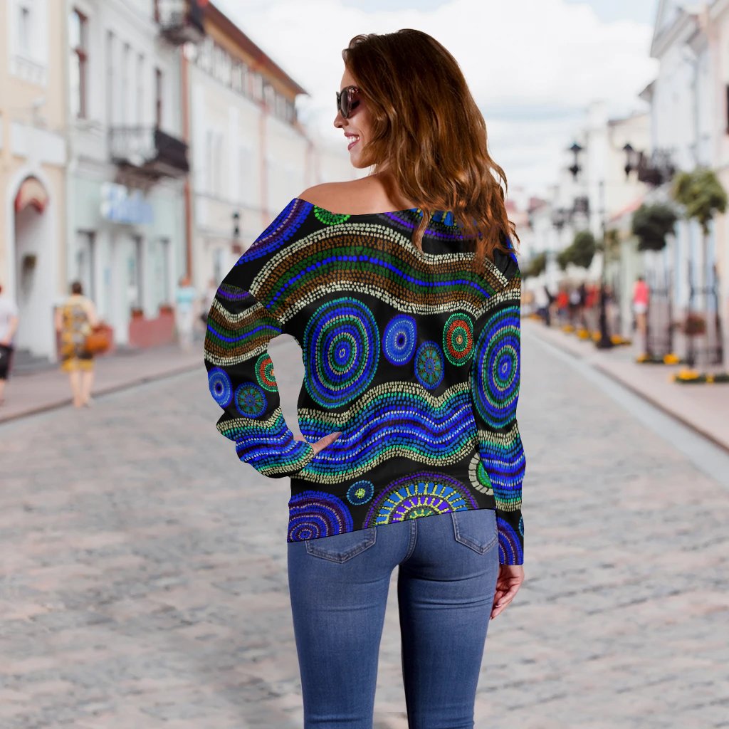 Off Shoulder Sweater - Aboriginal Dot Unique Style Blue - Vibe Hoodie