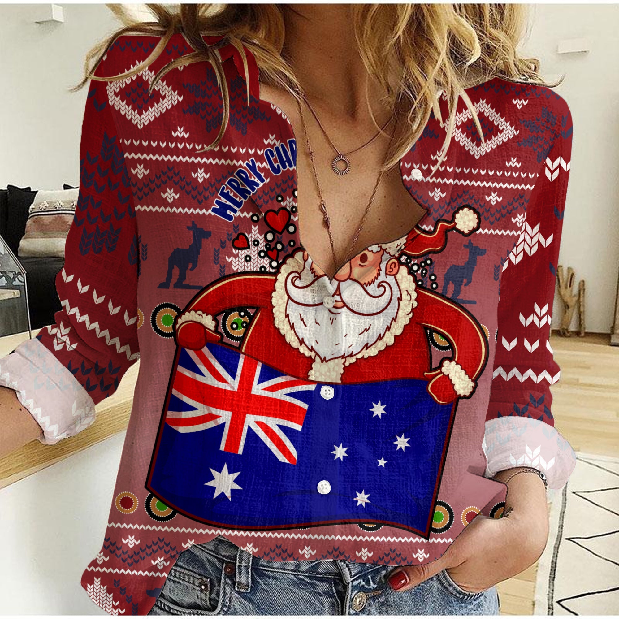 custom-personalised-women-casual-shirt-christmas-australia-santa-claus-hold-the-flag-red