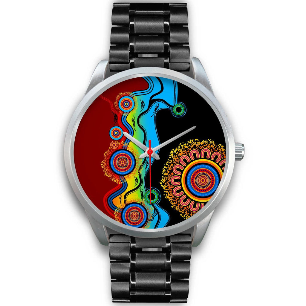 aboriginal-watch-indigenous-art-circle-patterns-blue-dream-silver-watch