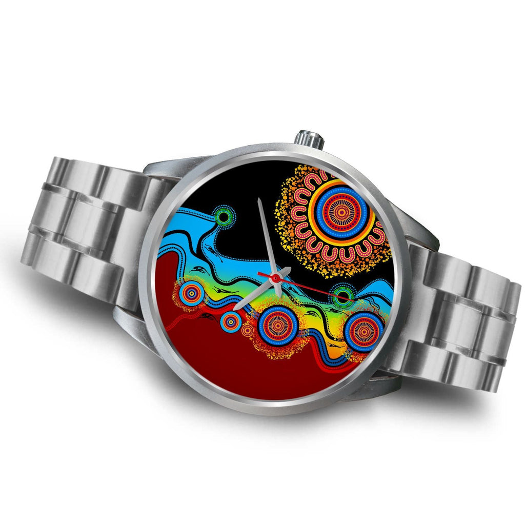 aboriginal-watch-indigenous-art-circle-patterns-blue-dream-silver-watch