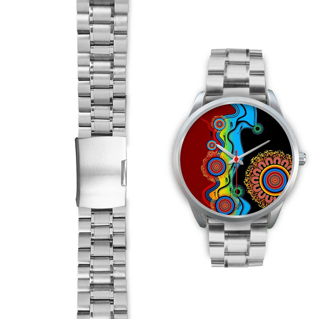 aboriginal-watch-indigenous-art-circle-patterns-blue-dream-silver-watch