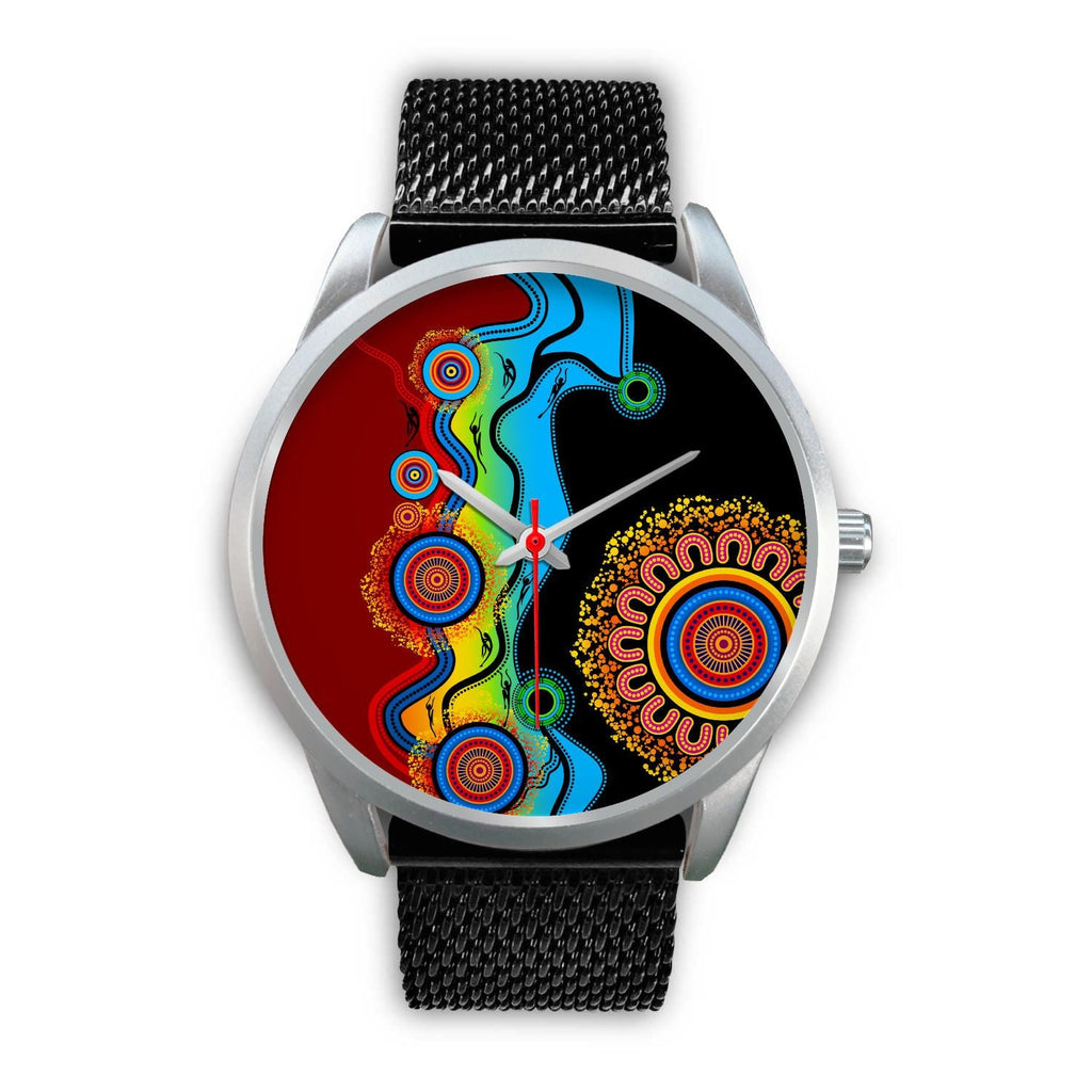 aboriginal-watch-indigenous-art-circle-patterns-blue-dream-silver-watch