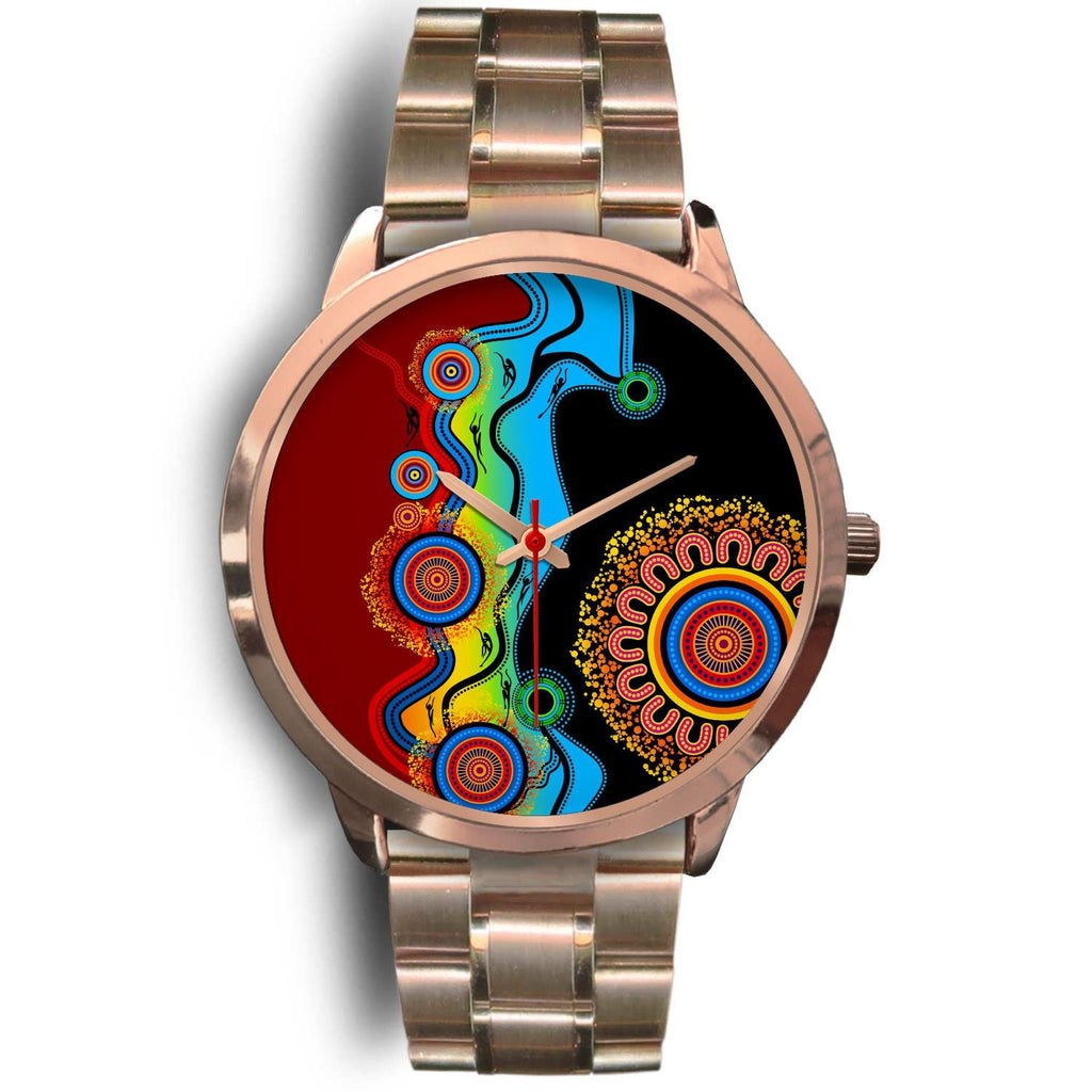 aboriginal-watch-indigenous-art-circle-patterns-blue-dream-rose-gold-watch