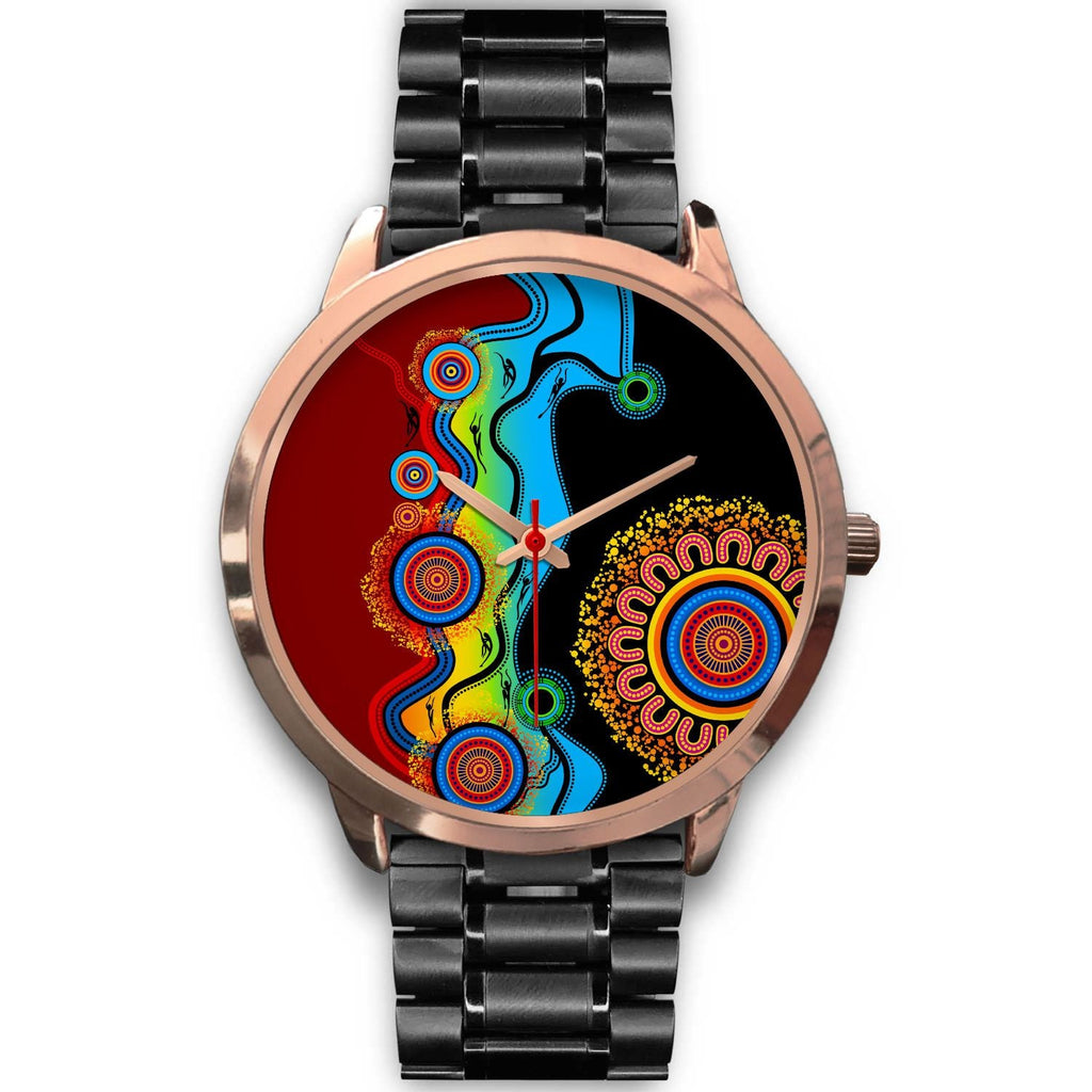 aboriginal-watch-indigenous-art-circle-patterns-blue-dream-rose-gold-watch