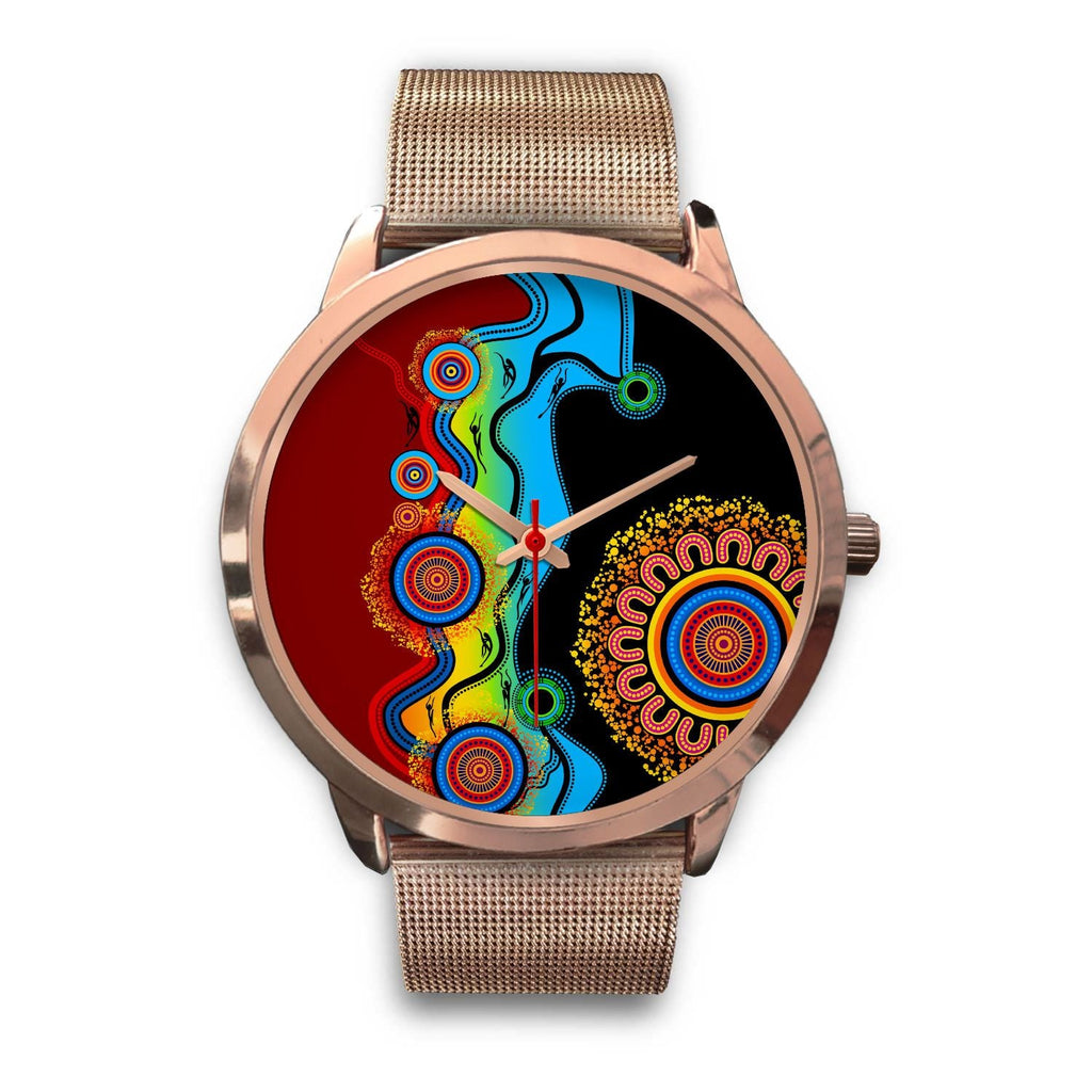 aboriginal-watch-indigenous-art-circle-patterns-blue-dream-rose-gold-watch