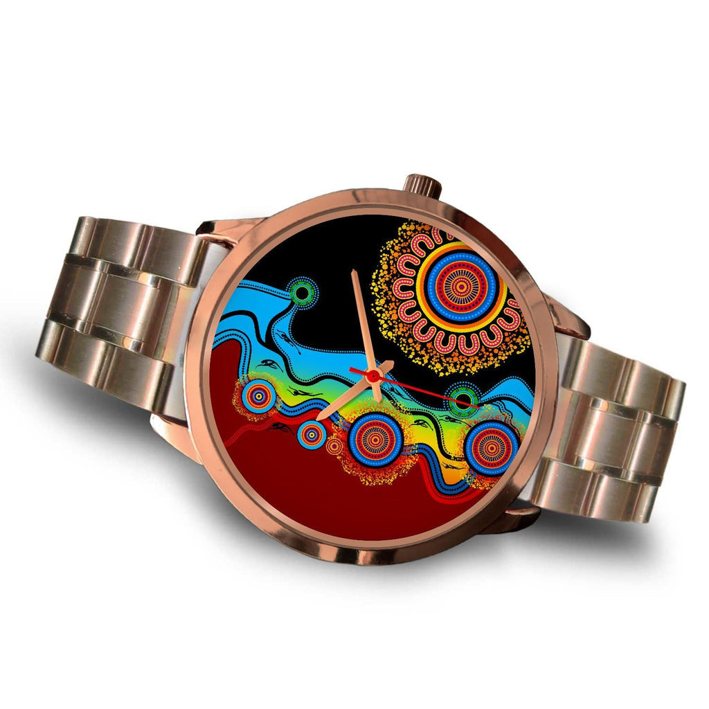 aboriginal-watch-indigenous-art-circle-patterns-blue-dream-rose-gold-watch