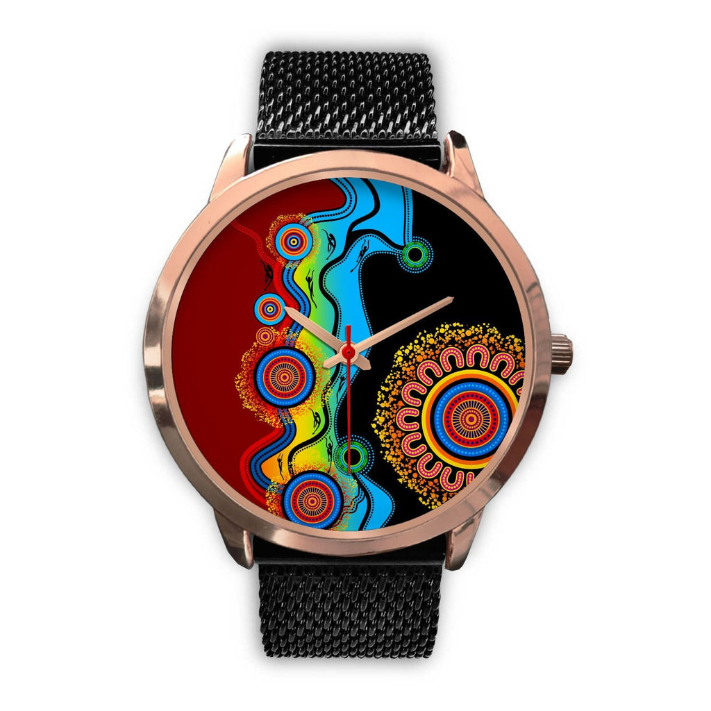 aboriginal-watch-indigenous-art-circle-patterns-blue-dream-rose-gold-watch