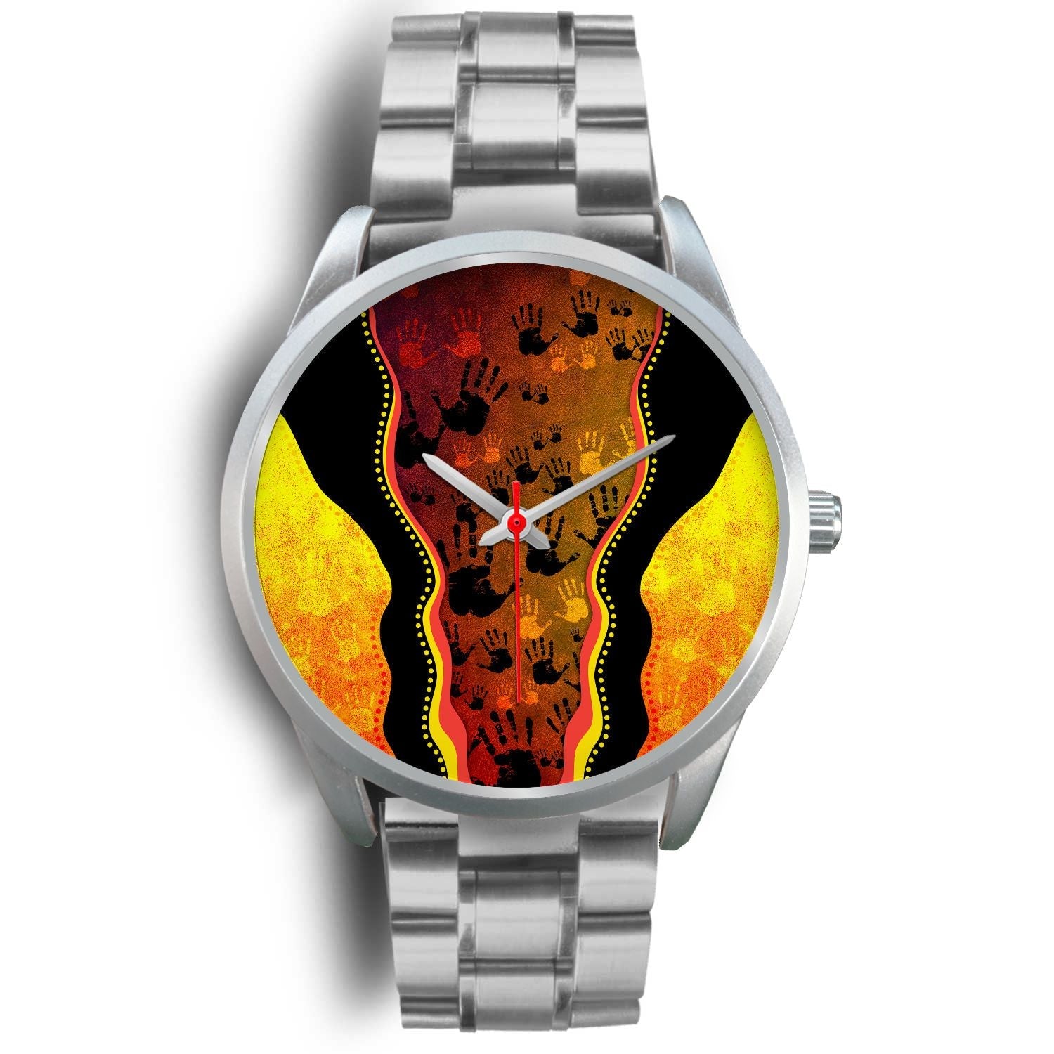 aboriginal-watch-indigenous-rock-painting-hand-art-golden-style-silver-watch