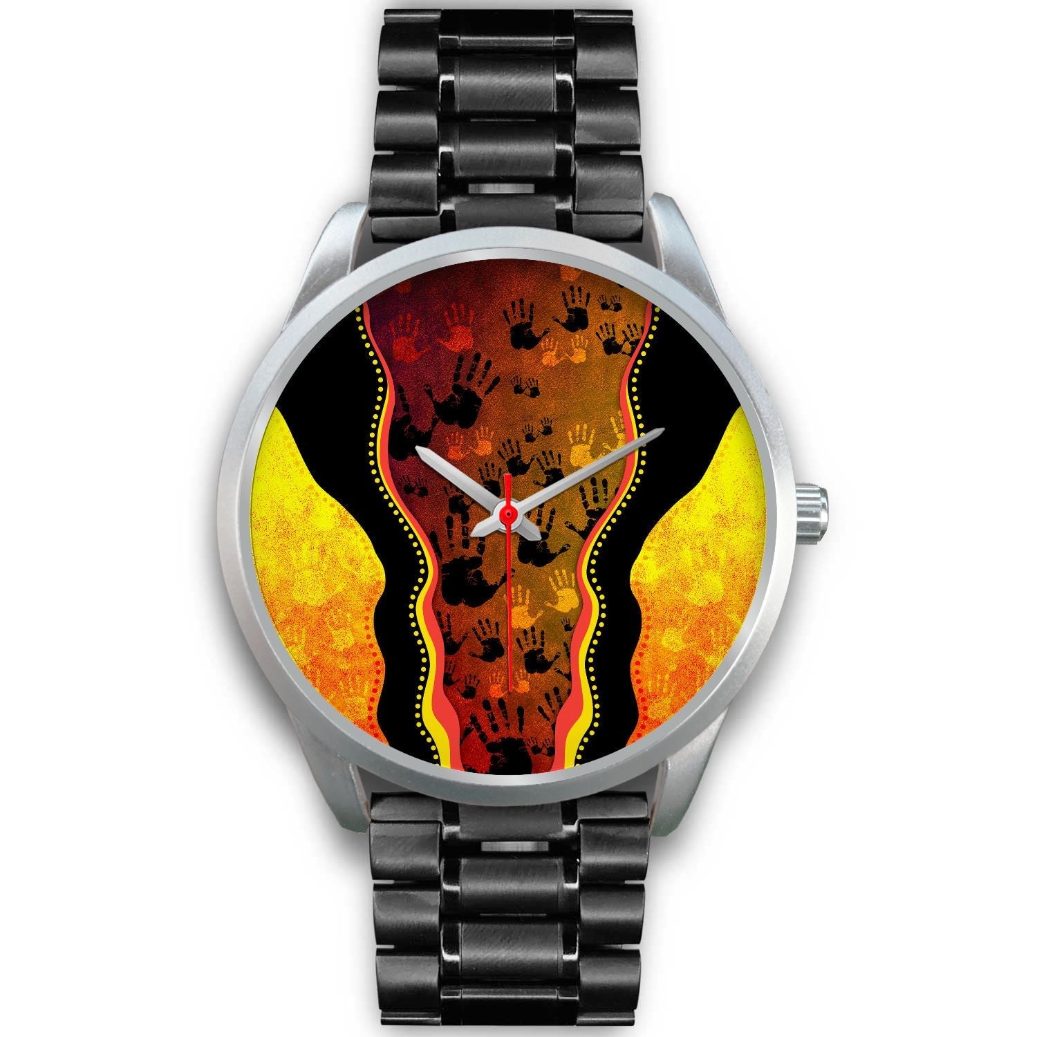 aboriginal-watch-indigenous-rock-painting-hand-art-golden-style-silver-watch