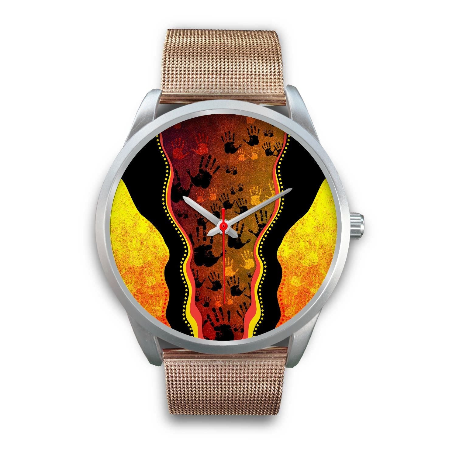 aboriginal-watch-indigenous-rock-painting-hand-art-golden-style-silver-watch