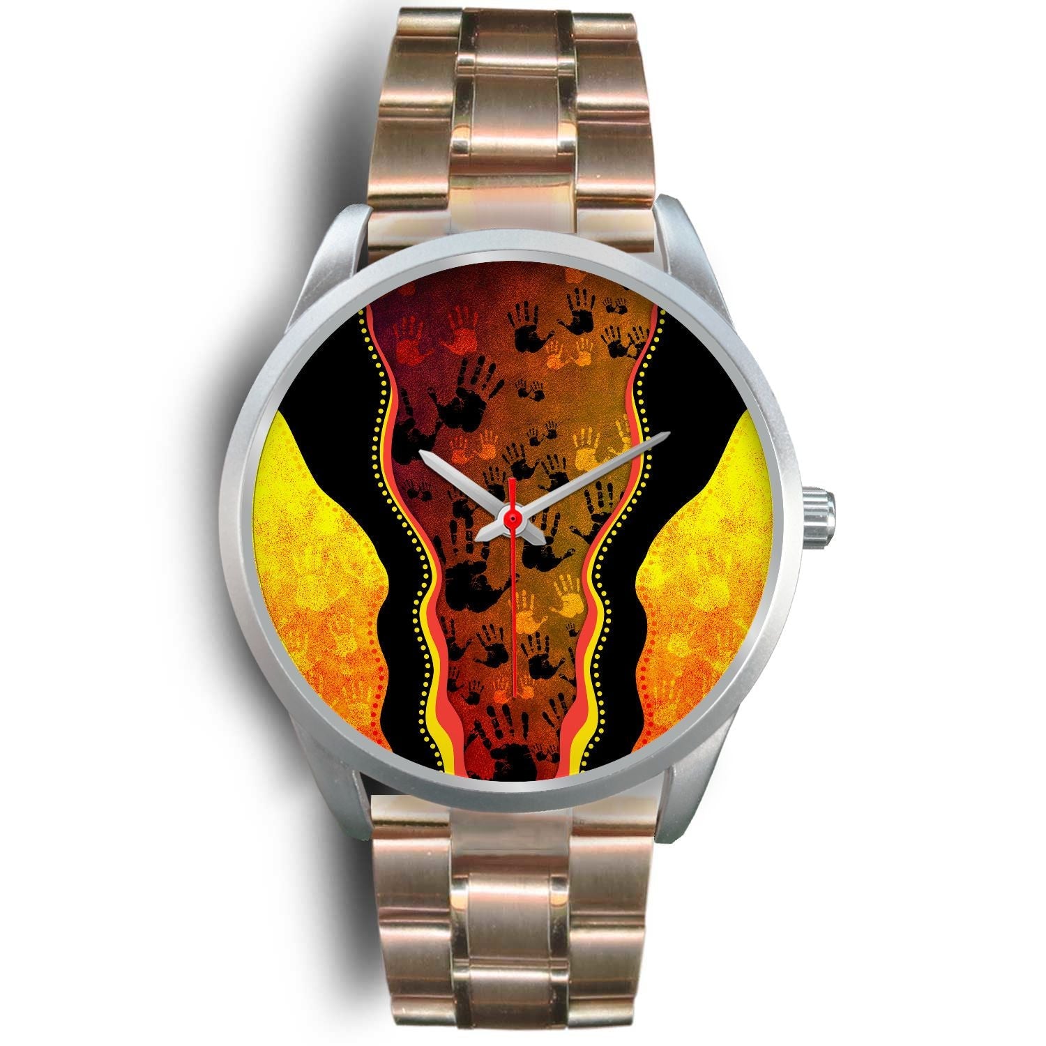 aboriginal-watch-indigenous-rock-painting-hand-art-golden-style-silver-watch