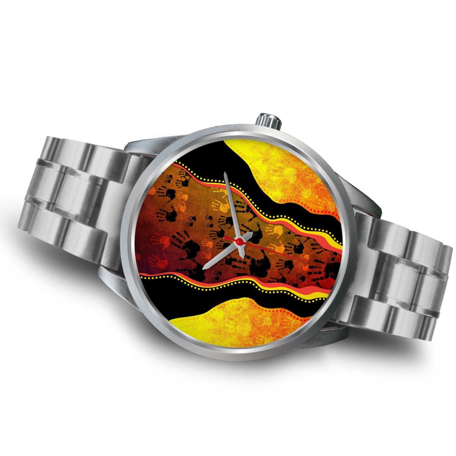 aboriginal-watch-indigenous-rock-painting-hand-art-golden-style-silver-watch