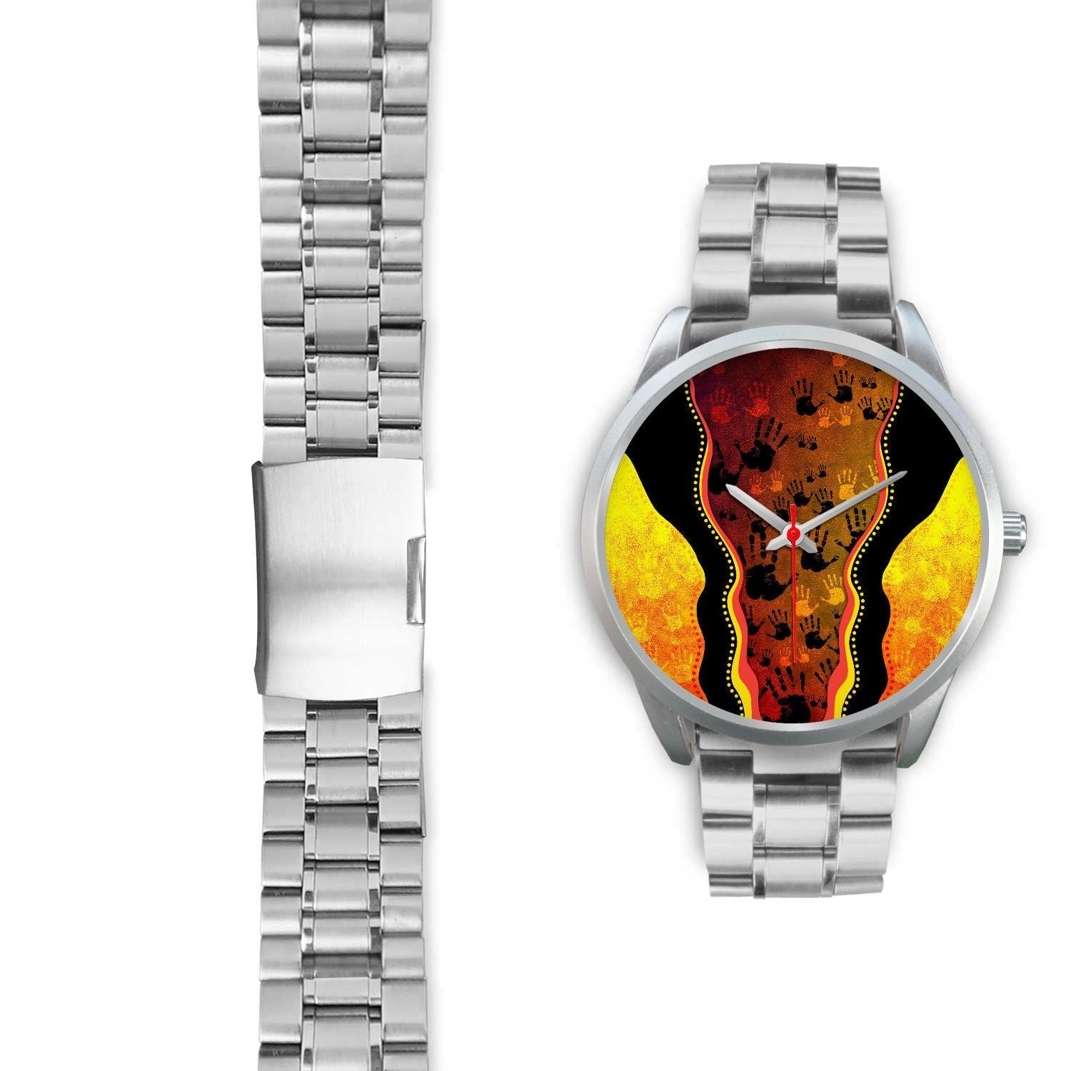 aboriginal-watch-indigenous-rock-painting-hand-art-golden-style-silver-watch