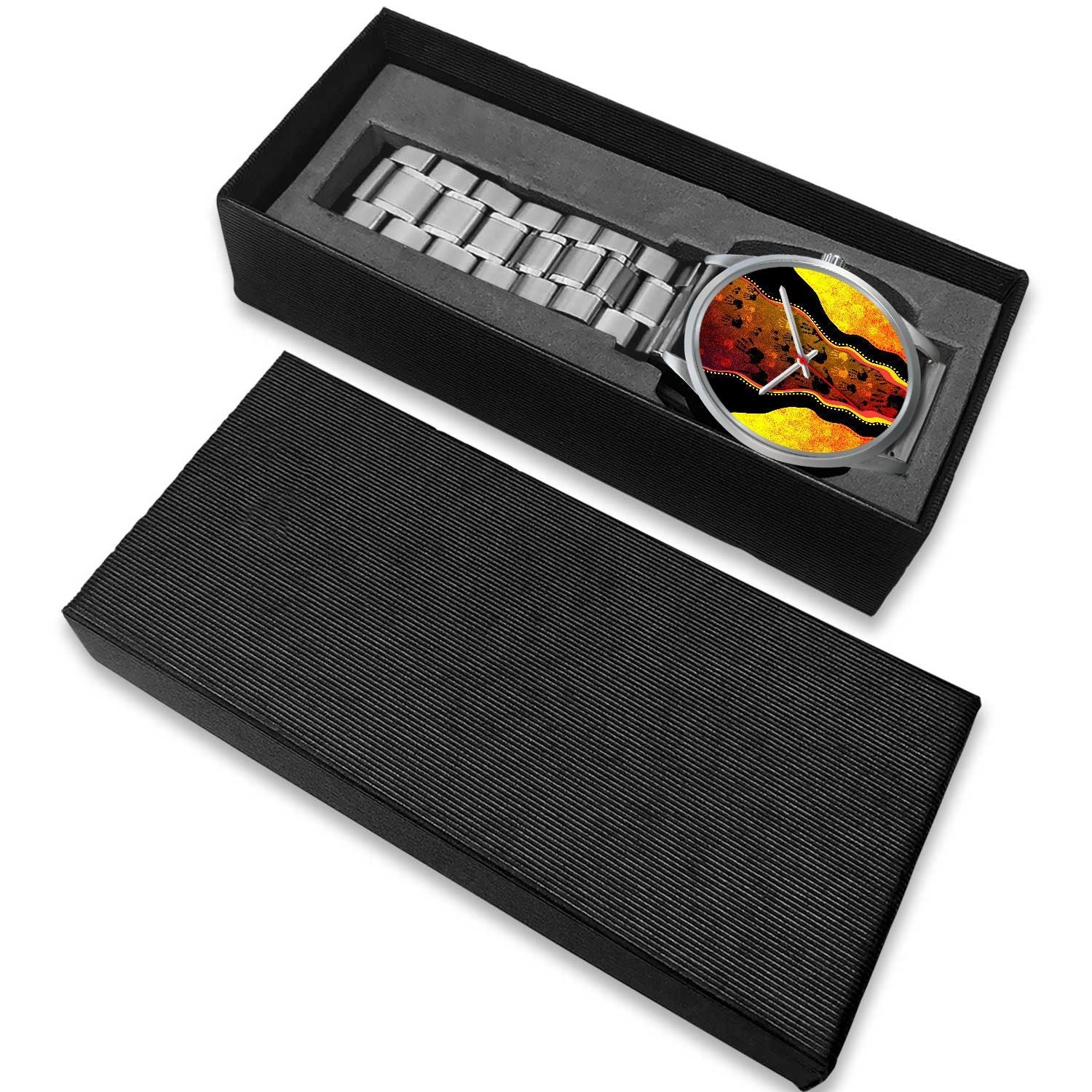 aboriginal-watch-indigenous-rock-painting-hand-art-golden-style-silver-watch