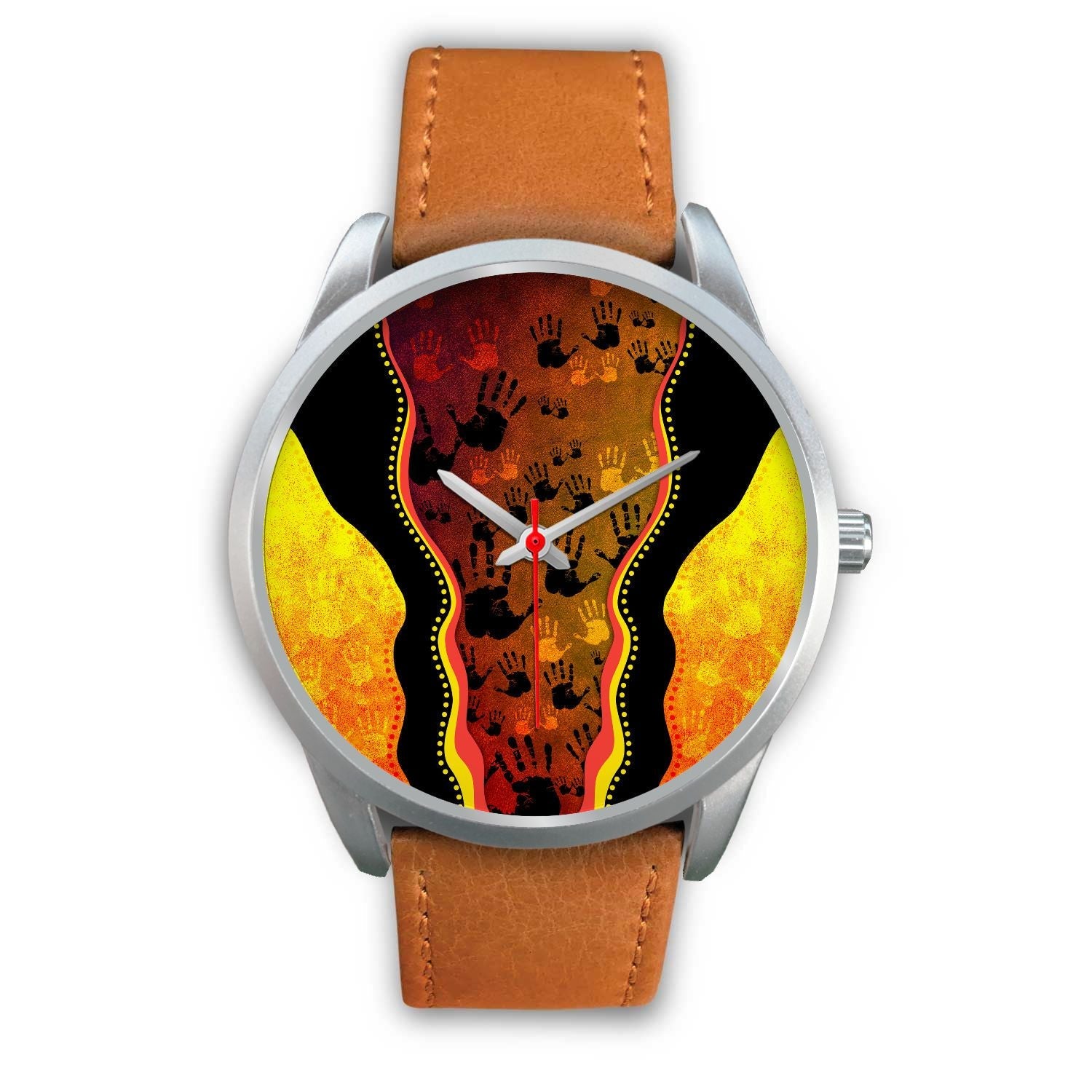 aboriginal-watch-indigenous-rock-painting-hand-art-golden-style-silver-watch