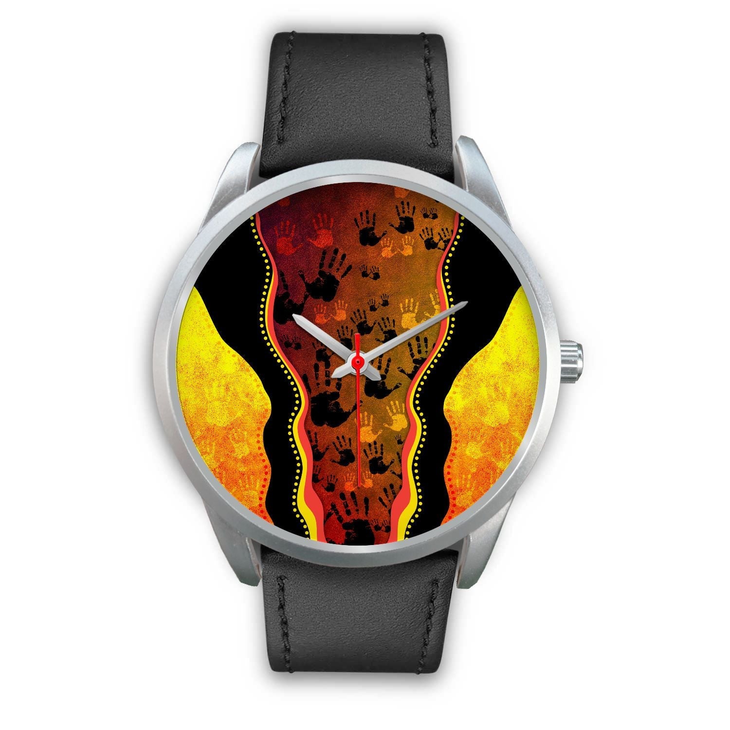 aboriginal-watch-indigenous-rock-painting-hand-art-golden-style-silver-watch