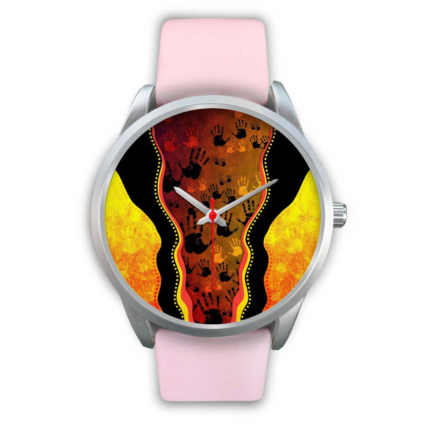 aboriginal-watch-indigenous-rock-painting-hand-art-golden-style-silver-watch
