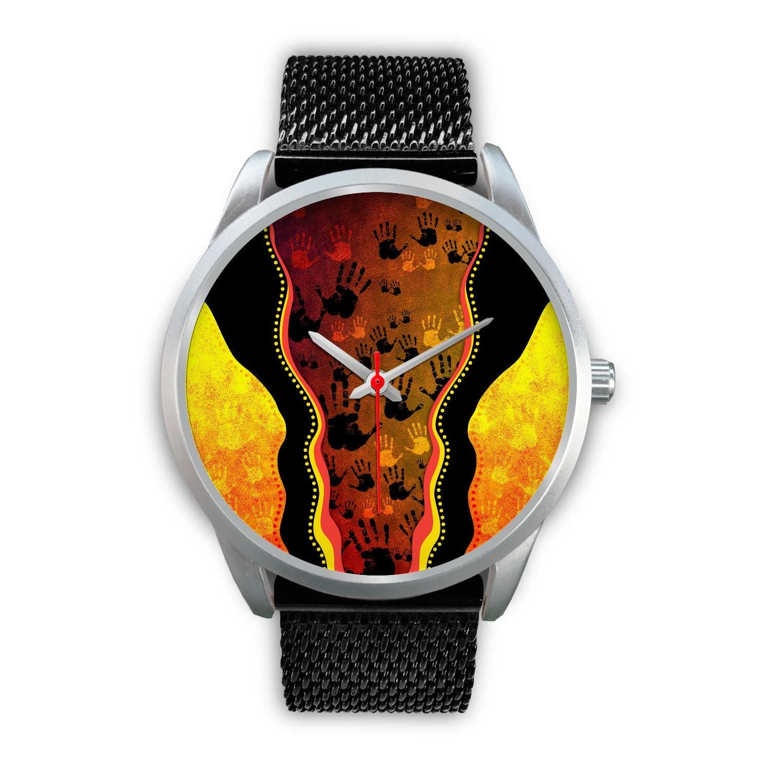 aboriginal-watch-indigenous-rock-painting-hand-art-golden-style-silver-watch