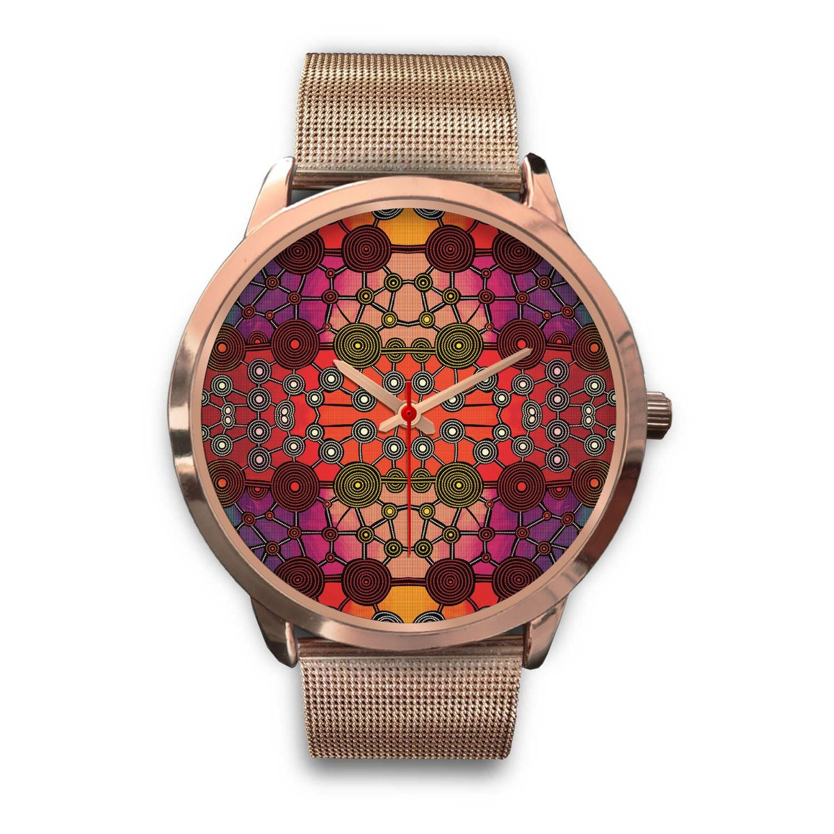 aboriginal-watch-circle-dot-painting-mandala-rose-gold-watch